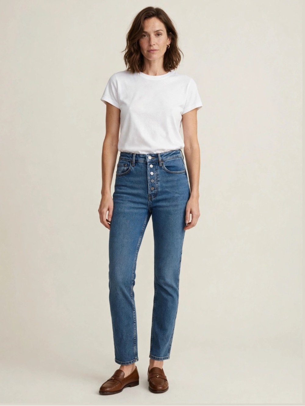 Sezane || Slim Straight Jeans Button Fly Mid Wash Blue FR 34 US 2